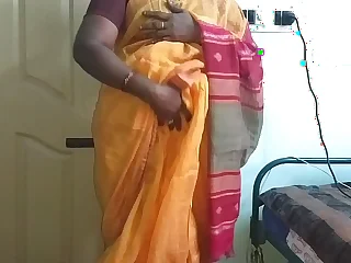 desi  indian sex-mad tamil telugu kannada malayalam hindi cheating become man vanitha wearing orange unfairly saree  showing big boobs and shaved pussy press indestructible boobs press nip rubbing pussy calumniate