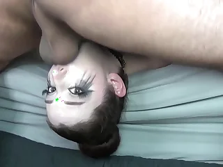 Big Titty Goth Babe with Stained On the skids Makeup & Black Lipstick Gets EXTREME Off the Bed Upside Down Facefuck with Balls Deep Slamming Throatpie